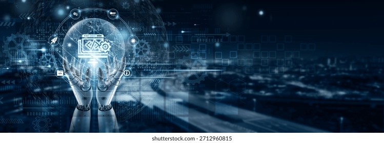 Hand of robot holding a software development icon on global network connection, coding frameworks, application design, agile processes, testing automation, system architecture, deployment strategies.