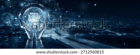 Hand of robot holding a software development icon on global network connection, coding frameworks, application design, agile processes, testing automation, system architecture, deployment strategies.