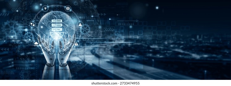 Hand of robot holding web hosting on global network connection, cloud servers, domain management, website deployment, data storage, uptime monitoring, cybersecurity integration, server optimization