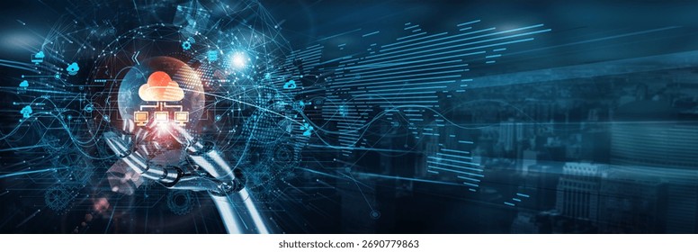 The hand of a robot touches a cloud computing storage network, virtualization access automation scalability infrastructure data backup platforms integration services deployment.