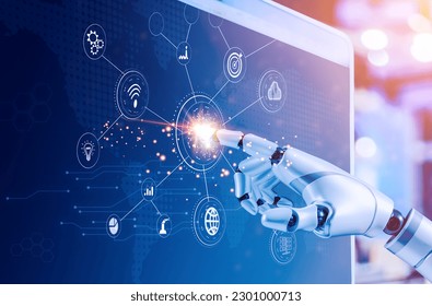 Hand robot working over the interface virtual screen to check status and control in intelligent factory industrial with icon and data exchange in manufacturing. automation robot arms machine using AI