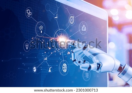 Hand robot working over the interface virtual screen to check status and control in intelligent factory industrial with icon and data exchange in manufacturing. automation robot arms machine using AI