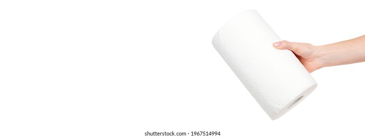 Hand With Roll Of Paper Towel Isolated On White.