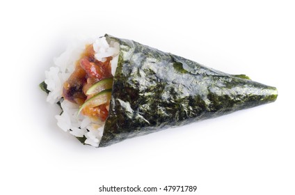 Hand rolled temaki sushi traditional japanese cuisine isolated on white.