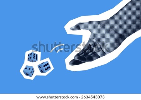 Hand rolling the dice, throwing it down. Gambling addiction concept, game of chance and probability. Pop art style illustration isolated on blue background.