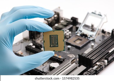 Hand In Rubber Blue Glove With Square Main Computer Component, Brain, Chip During Machine Building Assembly. Pc Mother Board With CPU Socket. View From Above.