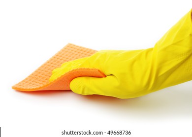 Hand In Rubber Glove With A Cellulose Sponge