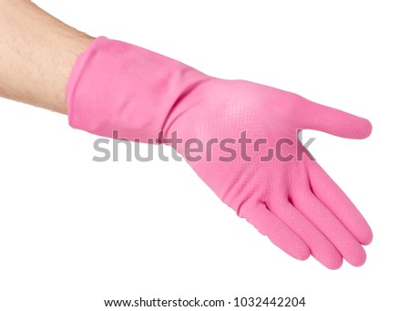 Hand in a rubber glove for cleaning cleanliness on a white background isolation
