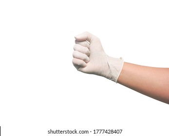 Hand in a rubber glove with fist, Isolated from white background with clipping path.