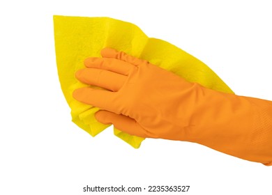hand in rubber glove holds yellow rag on white background, house cleaning concept