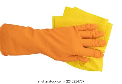 hand in rubber glove holds yellow rag on white background, house cleaning concept - Shutterstock ID 2248214757