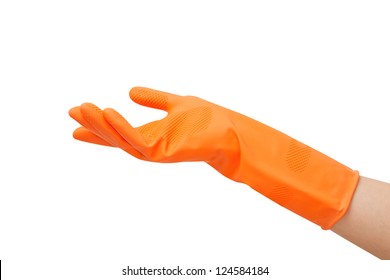 Hand With A Rubber Glove Orange Holding Something On White Background