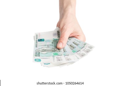 Hand With Russian Rubles, Isolated On The White