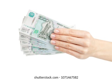 Hand With Russian Rubles, Isolated On The White