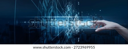 Hand of sales manager touching dynamic CRM data: customer interactions, pipeline optimization, retention analytics, engagement tracking, automation, and loyalty management integration.
