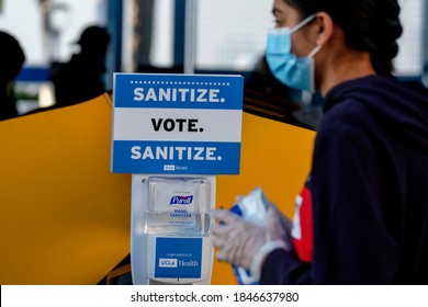 Hand Sanitize Station Is Seen At A Vote Center In Dodgers Stadium During The Election Day In Los Angeles, Tuesday, Nov. 3, 2020.