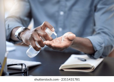 Hand sanitizer, business man or working at desk with gel for covid, compliance or bacteria in office. Closeup employee or worker cleaning hands with bottle product for safety, hygiene or corona virus - Powered by Shutterstock