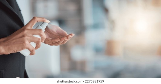 Hand sanitizer, hygiene and hands of woman with cleaning, disinfectant from germs and bacteria with health. Mockup space, closeup and clean, covid and healthcare compliance, female at work with spray - Powered by Shutterstock