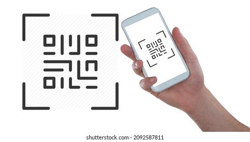 Hand  scanning qr code with smart phone with copy space on white background. wireless technology, mobile app and cashless technology concept.