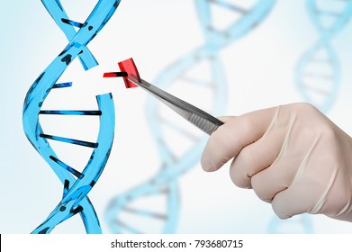 Hand of scientist replacing DNA - genetic engineering and gene manipulation concept