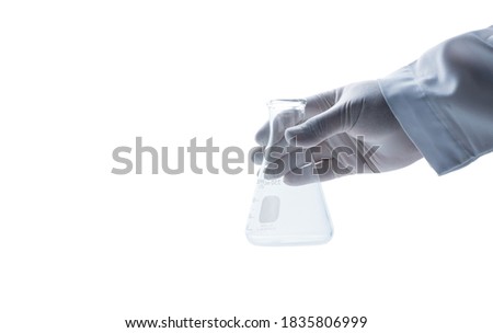 hand scientist wearing rubber gloves and hold Erlenmeyer flask isolated on white background and coppy space, Chemical laboratory glassware and Science concept