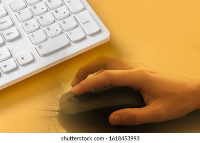 hand scroll a computer mouse and a keyboard , search something on internet web site 
