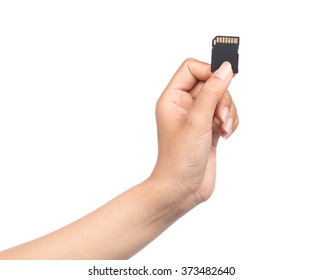 Hand With SD Card Isolate On White Background