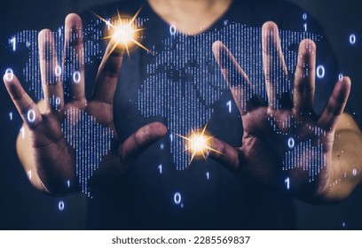 A hand seamlessly navigate the digital world map, the blurred binary code serving as a testament to the integration of business and technology.