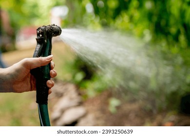 Hand seen holding a hose that is spraying water on plants in a garden. There is greenery in a natural landscape in this lifestyle image. 