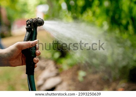 Hand seen holding a hose that is spraying water on plants in a garden. There is greenery in a natural landscape in this lifestyle image. 