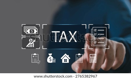 Hand selecting a digital tax interface with financial icons representing tax calculation, financial planning and business accounting. tax payment, revenue management, compliance, financial reporting.