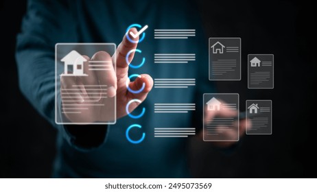 Hand selecting a property from a digital interface. Modern real estate technology, property management. Virtual home buying, selling, investment. Innovative search display.