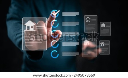 Hand selecting a property from a digital interface. Modern real estate technology, property management. Virtual home buying, selling, investment. Innovative search display.