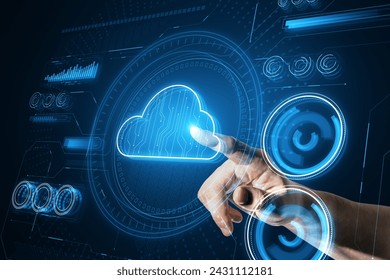 A hand selects a cloud symbol representing cloud computing services amidst a tech-oriented backdrop - Powered by Shutterstock - Get 15% off with code: PIKWIZARD15