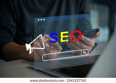 Hand SEO graphic elements, symbolizing search engine optimization strategies for boosting website traffic. Digital marketing, advertising, and SEO agencies.