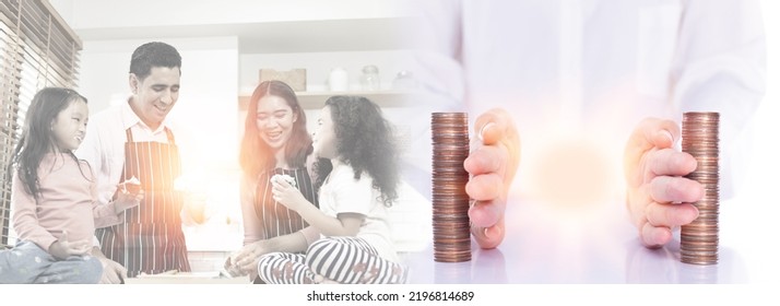 Hand Separate Saving Money, Finance, Loan, Debt Into Two Stack Coin. Family Father Mother Husband Wife Kid Children Plan Inheritance Or Last Will To Manage Asset Allocation After Getting Older Or Dead