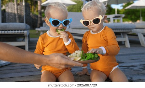 Hand Serving Plate Of Vegetables For Twin Toddles At The Pool Side. Healthy Snacks For Children 