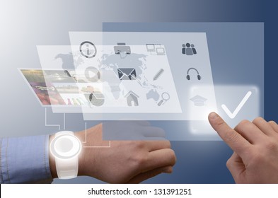 Hand serving smart watch, futuristic illustration