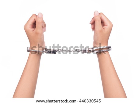 hand in shackle isolated on white background