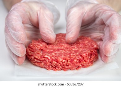 Hand Shaping Burger Patty With Disposable Vinyl Gloves