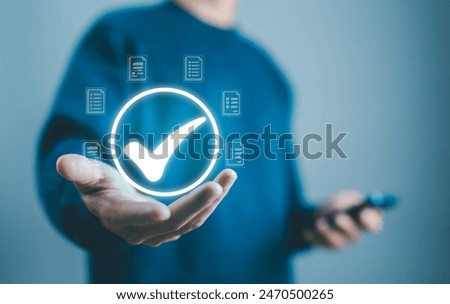 hand show checkmark task audit in a list of documents,  tick process order. checklist concept, documents survey item, detail business verify task, tick mark evaluation in options check form online