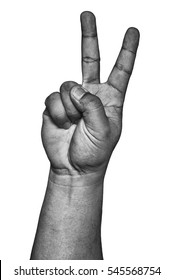 Hand Show Two Fingers Up Or Peace Sign In Black And White Isolated On White.