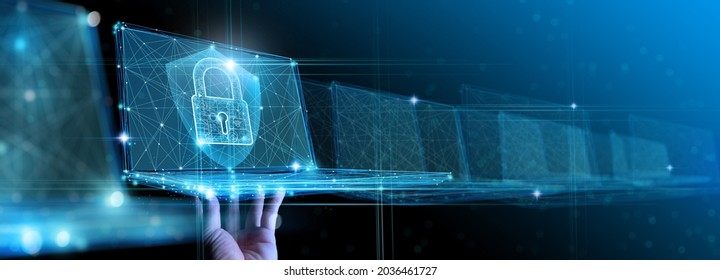 Hand show virtual laptop computer with CYBER SECURITY Business technology Cyber Security Firewall  and Antivirus Alert Protection Security with Cybersecurity and information technology.