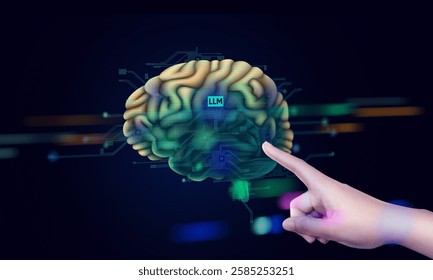 A hand showing AI tech with generative AI concept, artificial intelligence, cyber security, digital transformation, large language model, LLM, binary number
