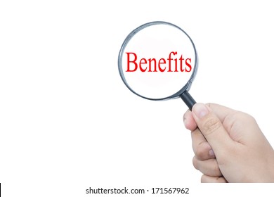 Hand Showing Benefits Word Through Magnifying Stock Photo 171567962 ...