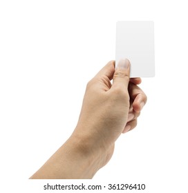 Hand Showing Blank Card On White Background.