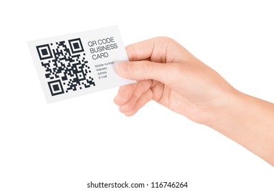 Hand Showing Business Card With QR Code Information. Isolated On White.