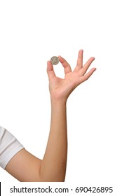 Hand Showing Coin On White Background