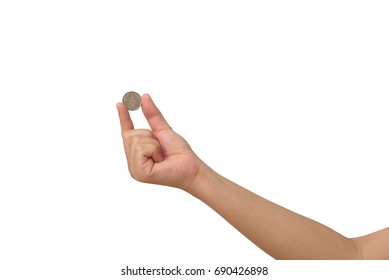 Hand Showing Coin On White Background