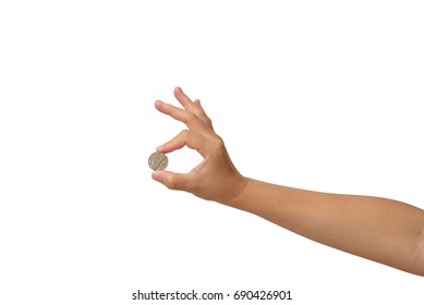 Hand Showing Coin On White Background